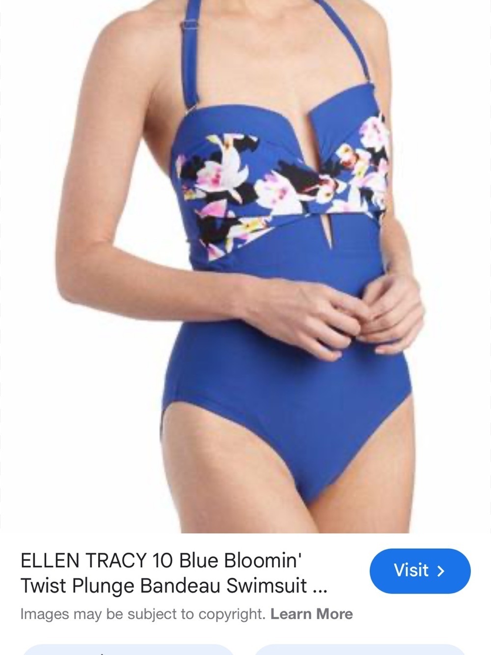 Ellen Tracy Royal Blue Floral Twist Plunge One-Piece